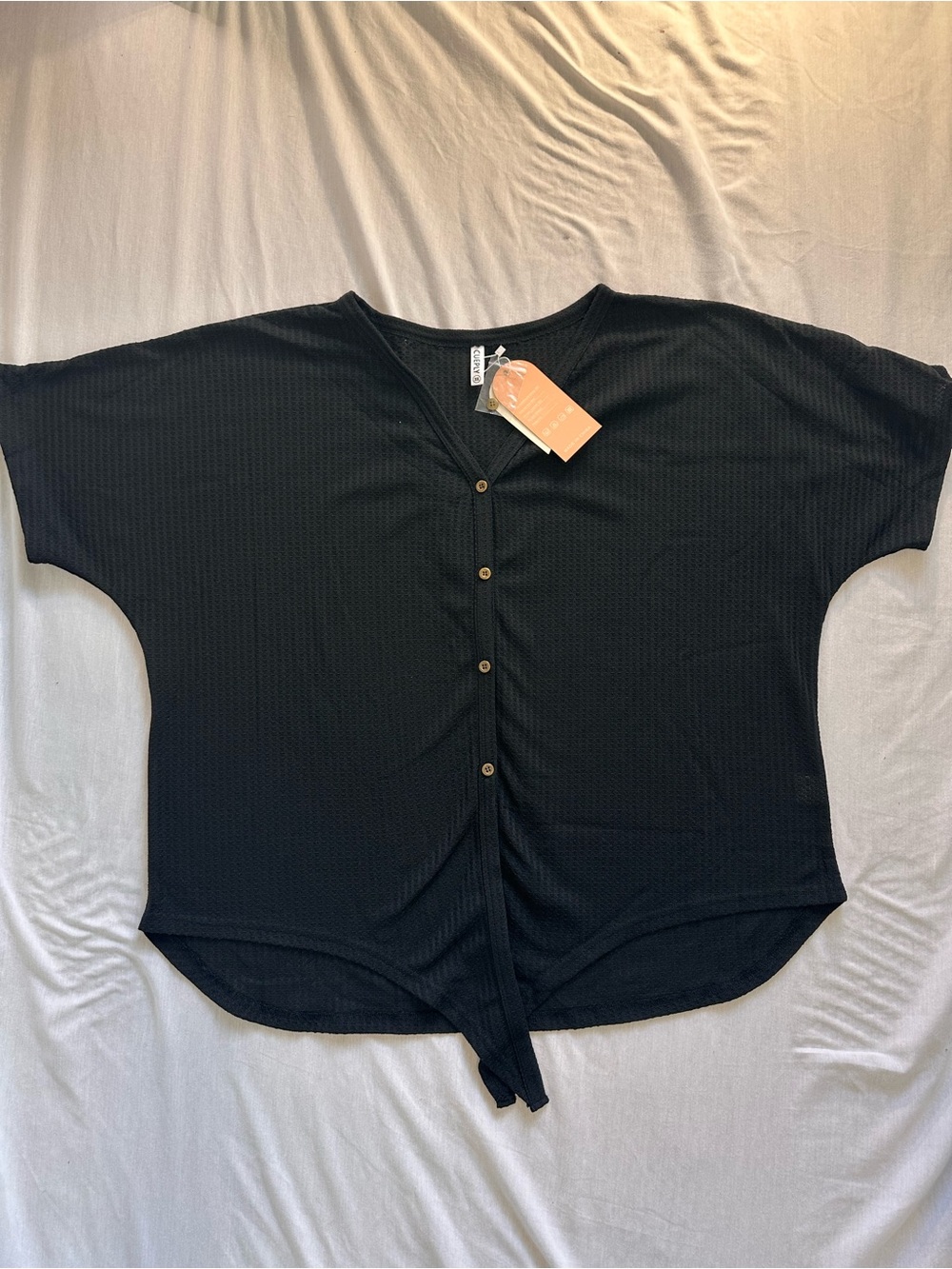 Black Button-Front Tie Hem Women's Top waffle pattern